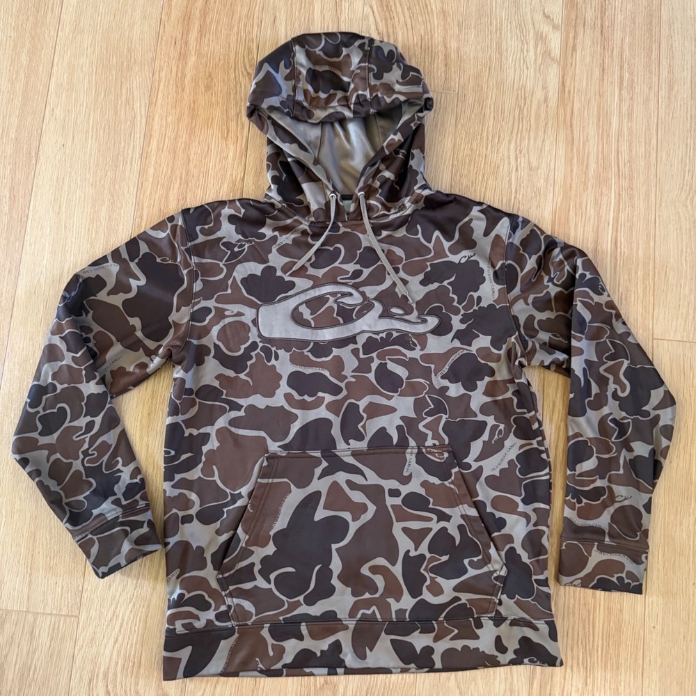 Drake Waterfowl Hoodie Mens Small Brown Old School Camo Performance Pullover